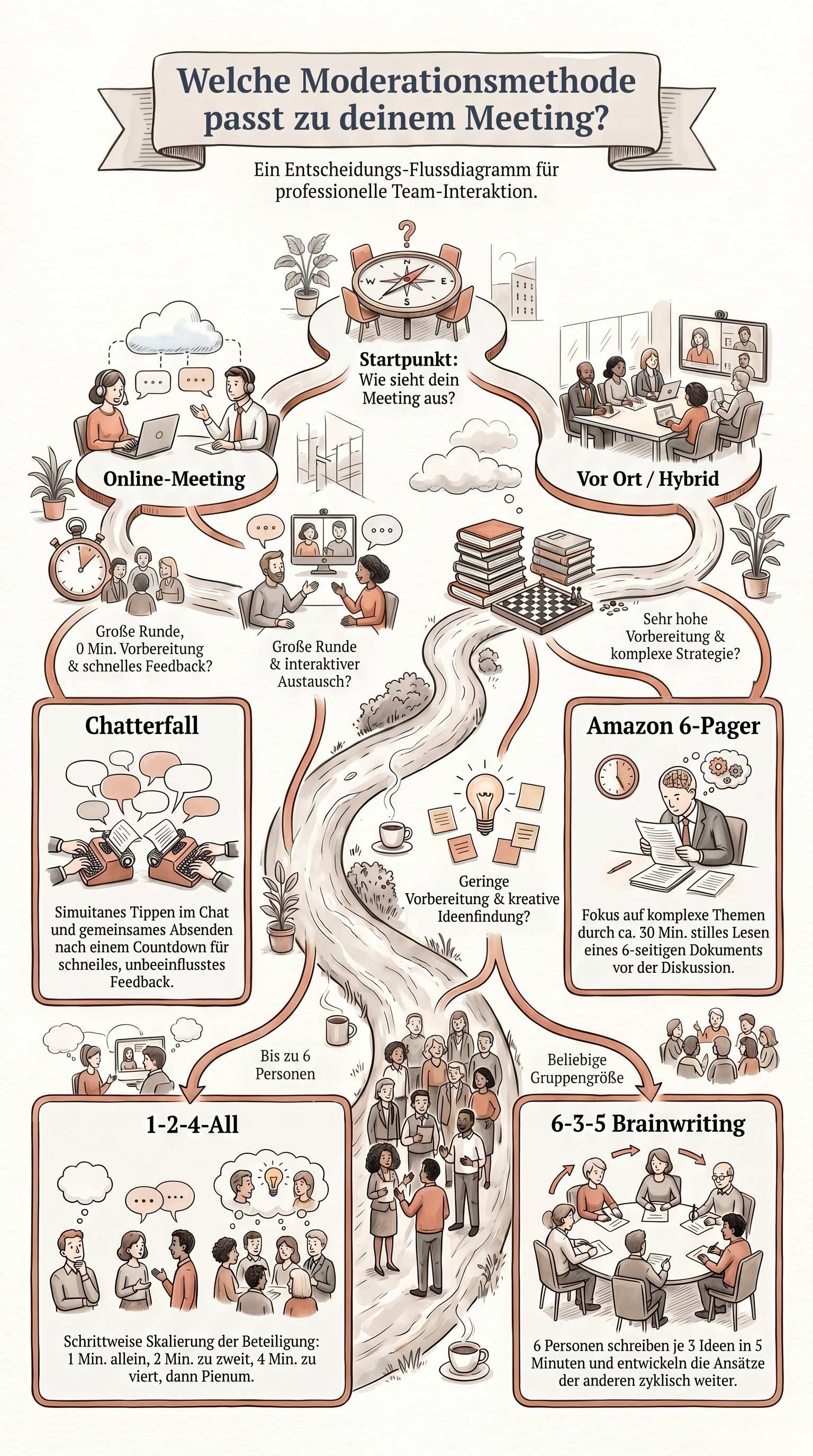 Flussdiagramm zur Auswahl der passenden Moderationsmethode basierend auf Online-Kontext, Vorbereitungszeit und Gruppengröße